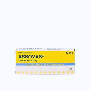 Viên nén Assovas 10mg điều trị tăng cholesterol máu, giảm mỡ máu (3 vỉ x 10 viên)