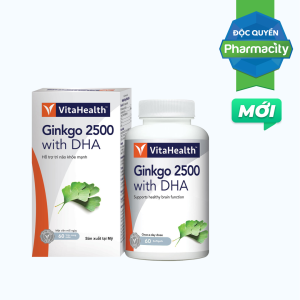 Thực phẩm bảo vệ sức khoẻ VitaHealth Ginkgo 2500 with DHA hỗ trợ tăng cường lưu thông máu não (Hộp 60 viên)