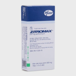 Viên nén Zitromax 500mg điều trị nhiễm khuẩn đường hô hấp (1 vỉ x 3 viên)